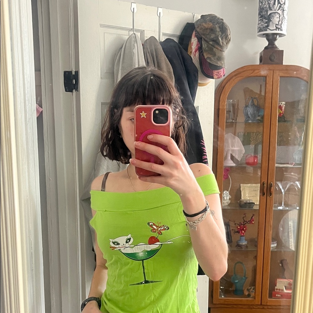 Green Off-Shoulder Top with Cat and Martini Print